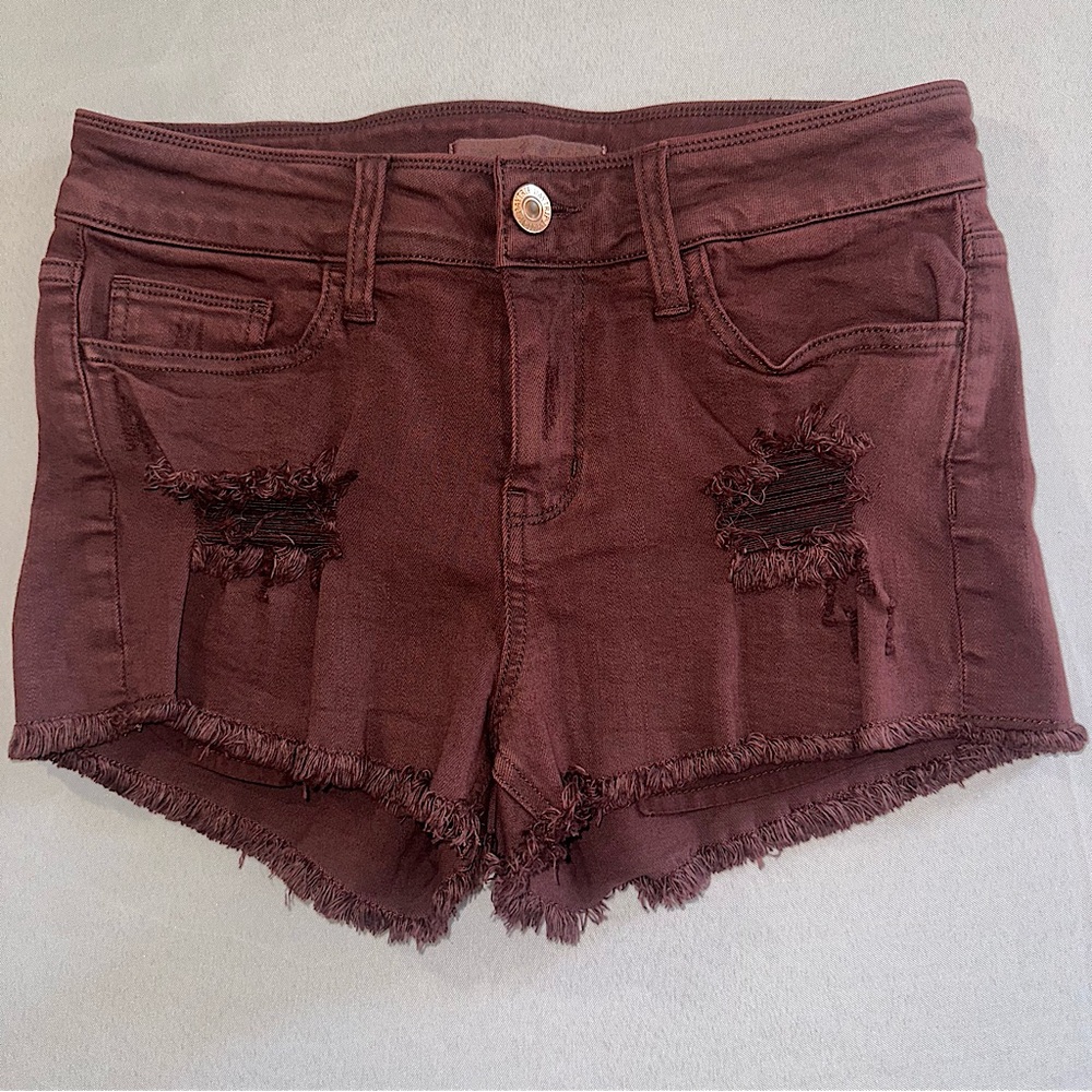 DayTrip • Distressed Capricorn High Rise Jean Shorts Burgundy Size 25